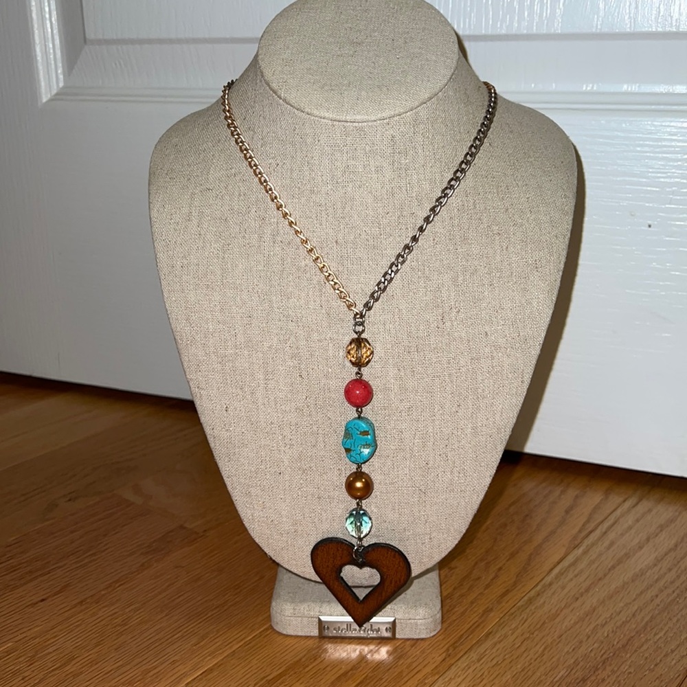 Hand Crafted Rustic Beaded Western Heart Necklace Two Tone Chain